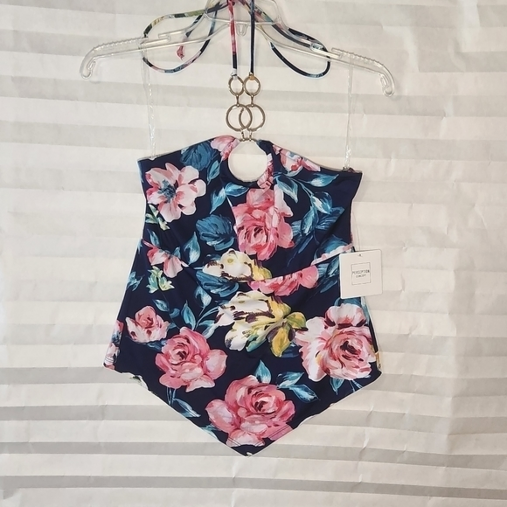 Perseption Concept Bandini‎ Hanky Top Navy Blue Floral Gold O-Ring Neckline NWT